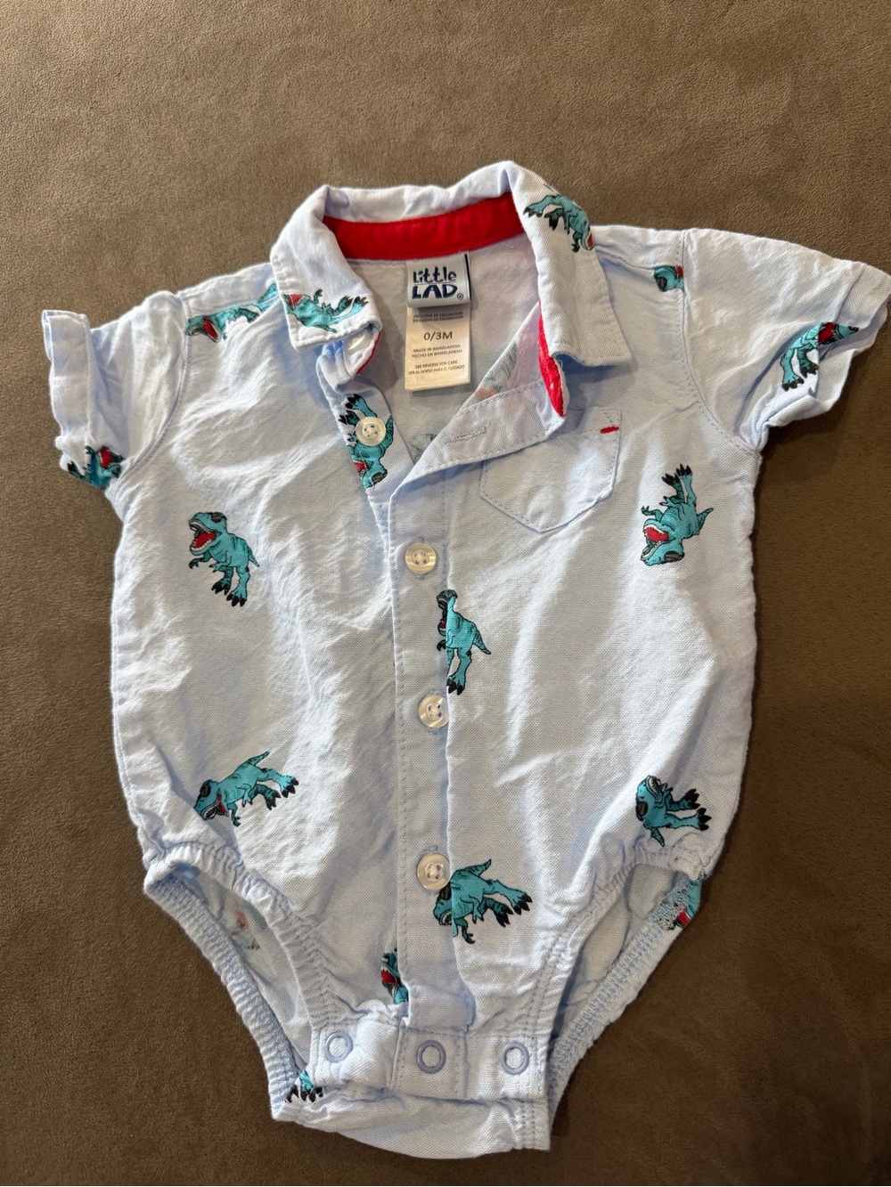 Little Lad Light Blue Dino Button-Front Baby One-Piece